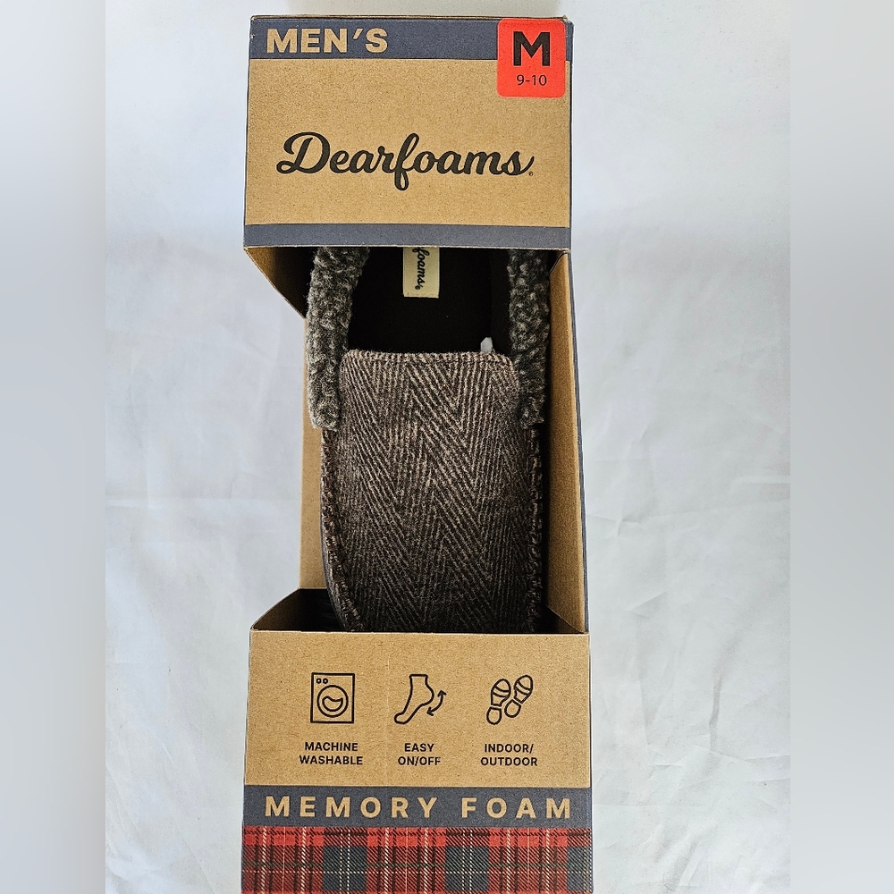 Dearfoams Mens Comfy Slippers  Brown Herringbone S:Medium 9-10 NIB!